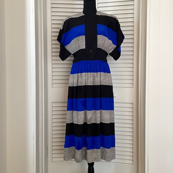 Vintage Albert Nipon Royal Blue,Black Silk Dress - Picture 3 of 3